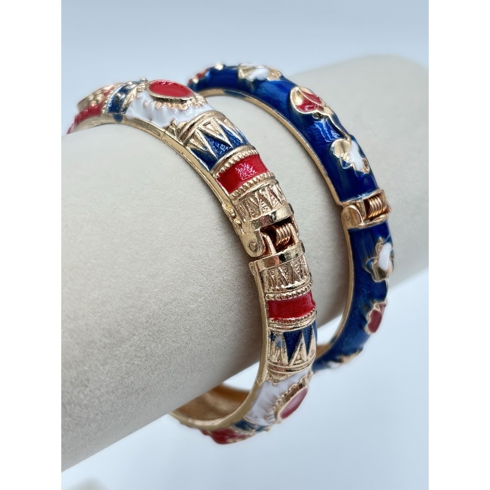 Vintage Cloisonné Enamel Hinged Bangle Set Signed FL Floral Boho Gold 7"